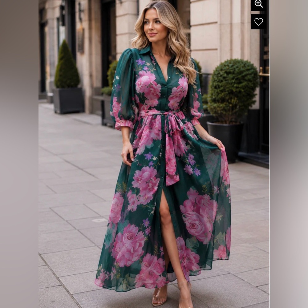 Floral Chiffon Maxi Dress in Green with Pink Roses